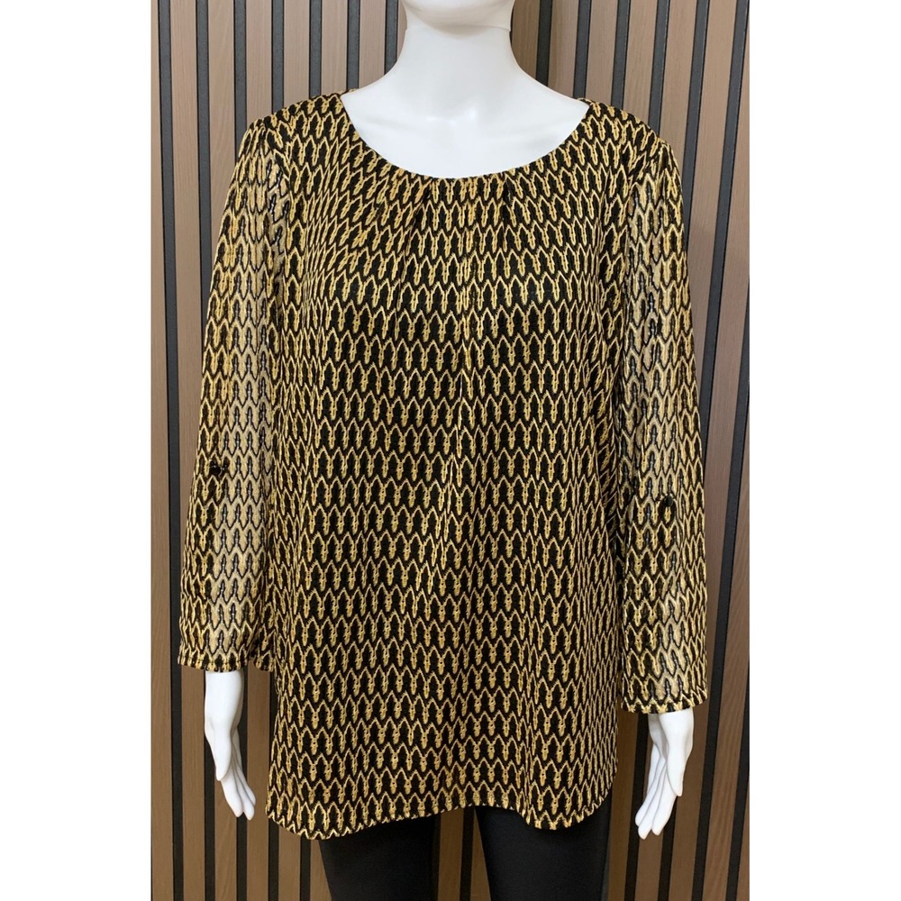 Caleesa Black Gold Geometric Knit Tunic Top XL Long Sleeve Keyhole Lagenlook